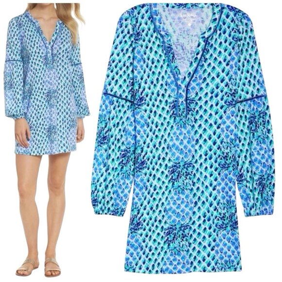 Lilly Pulitzer Toe In Blue White Pineapples Joy Puff Sleeve Dress Size L Fringe - Picture 1 of 7